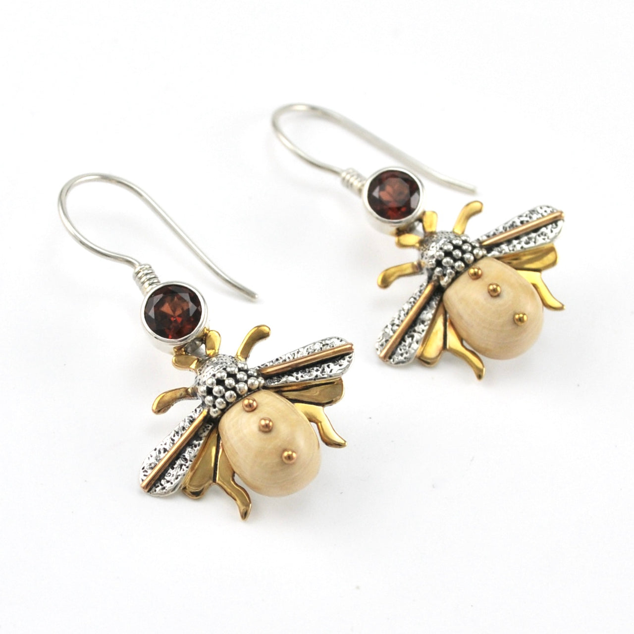 Sterling Silver Fossil Ivory Garnet Bee Earrings