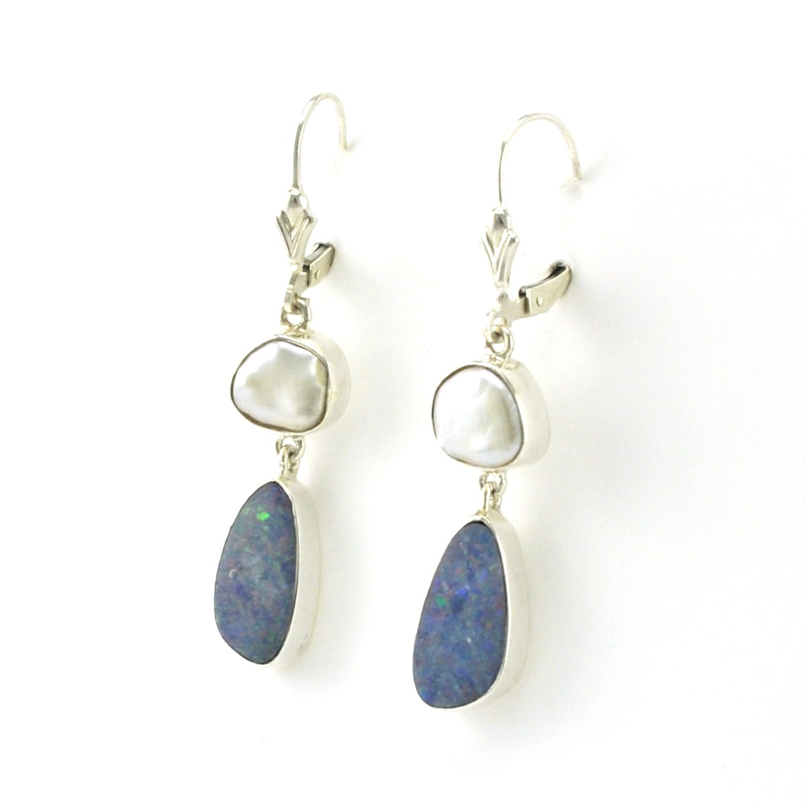 Side View Sterling Silver Keshi Pearl Australian Opal Earrings