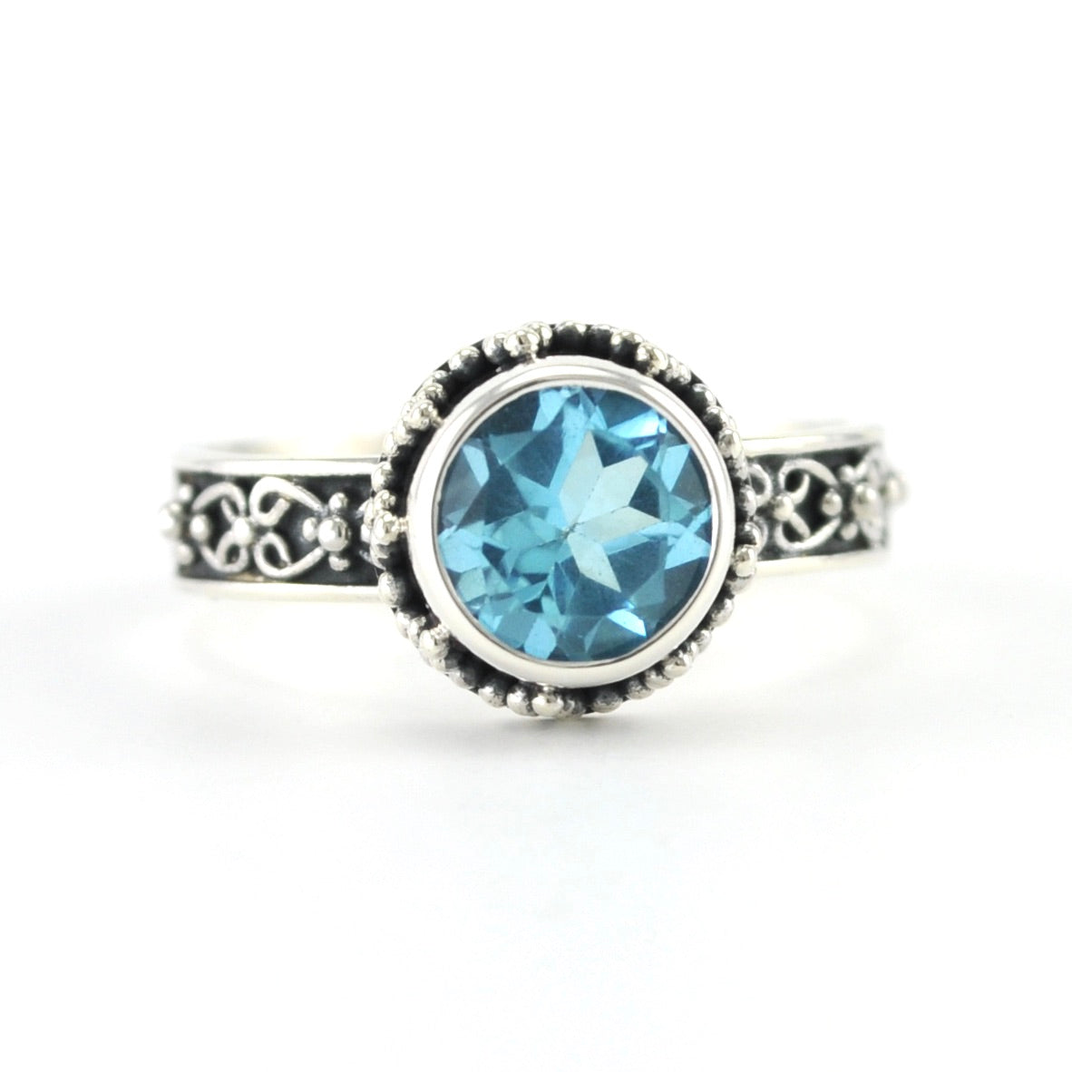 Alt View Sterling Silver Blue Topaz 7mm Round Bali Ring