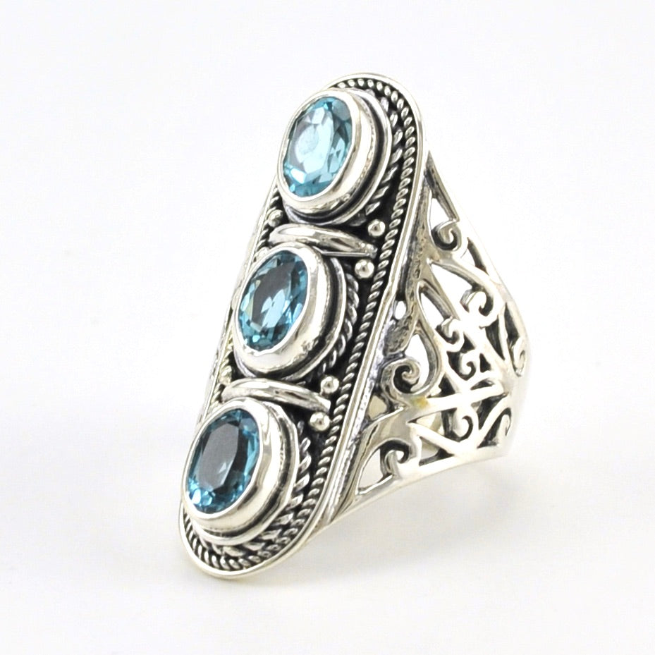 Side View Sterling Silver Blue Topaz 3 Ovals Bali Ring