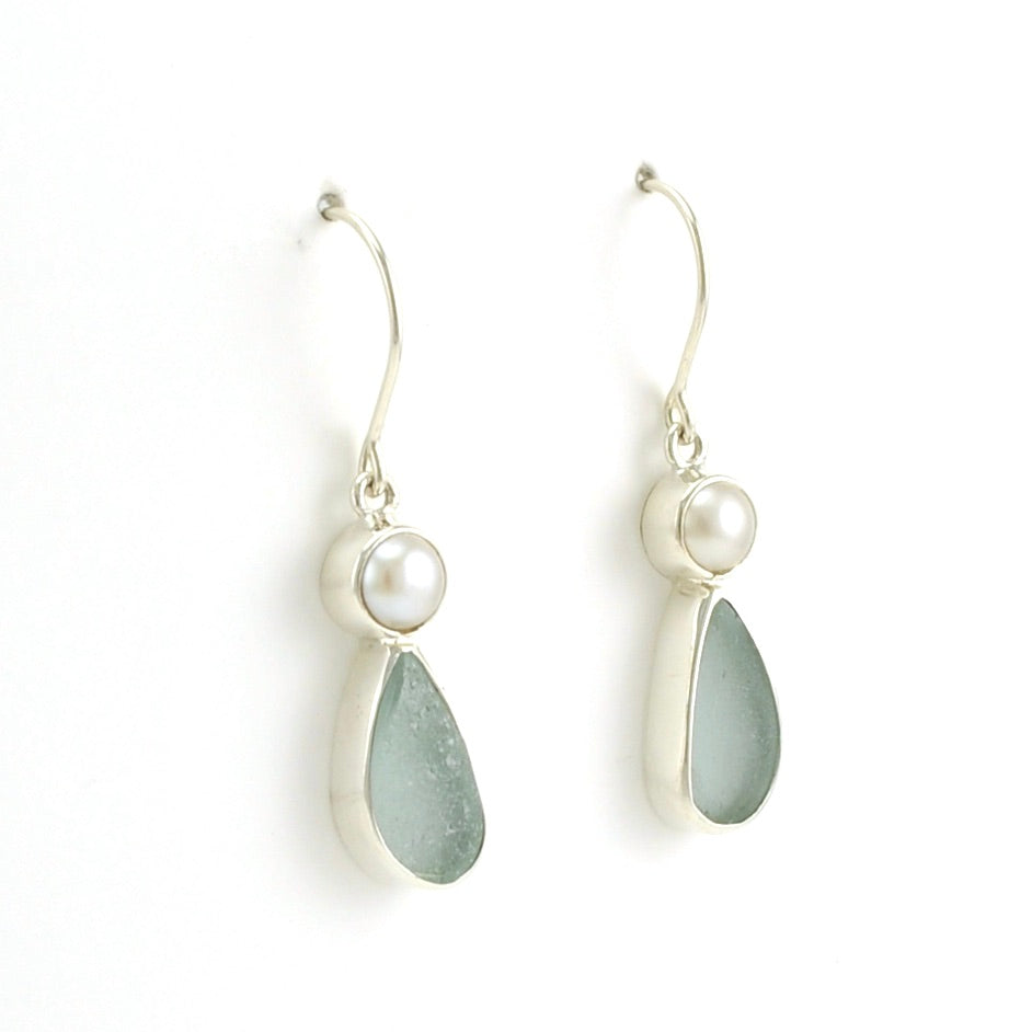 Side View Sterling Silver Pearl Aqua Sea Glass Tear Earrings