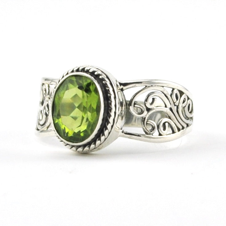 Sterling Silver Peridot 6x8mm Oval Scroll Ring