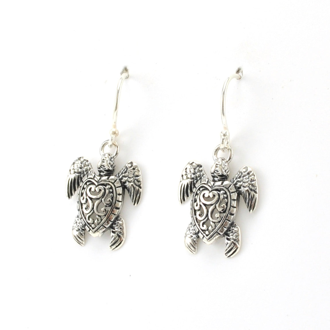 Side View Sterling Silver Sea Turtle Bali Dangle Earrings