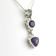 Side View Sterling Silver Amethyst Round Trillion Bali Necklace