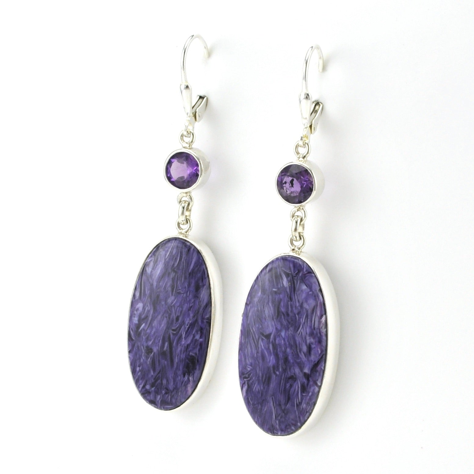 Side View Sterling Silver Charoite with Amethyst Dangle Earrings