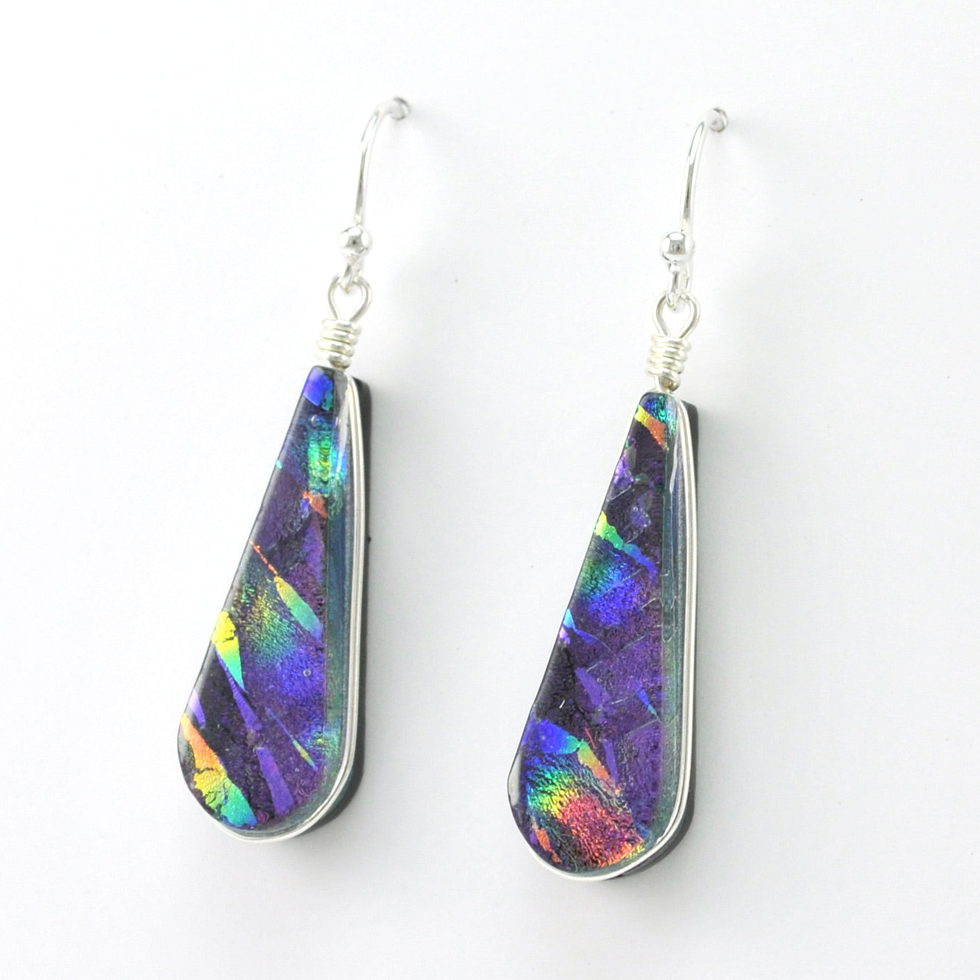 Side View Silver Dichroic Glass Rainbow Purple Earrings