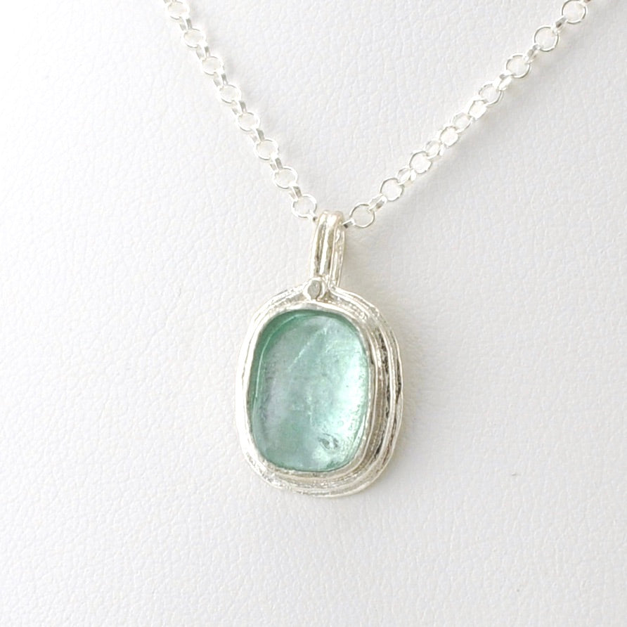 Side View Sterling Silver Washed Roman Glass Rectangle Necklace