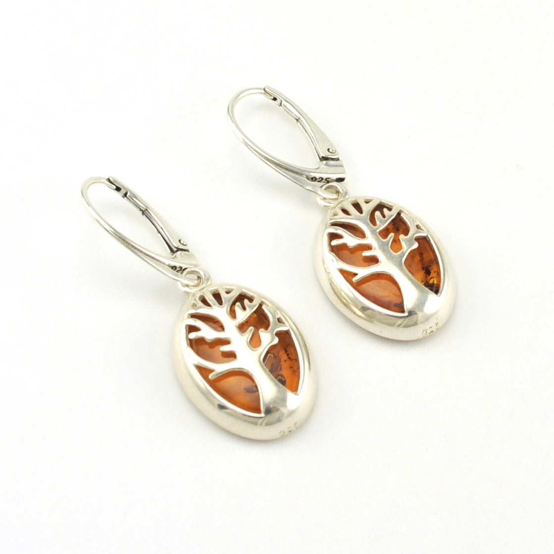 Sterling Silver Amber Oval Tree Earrings
