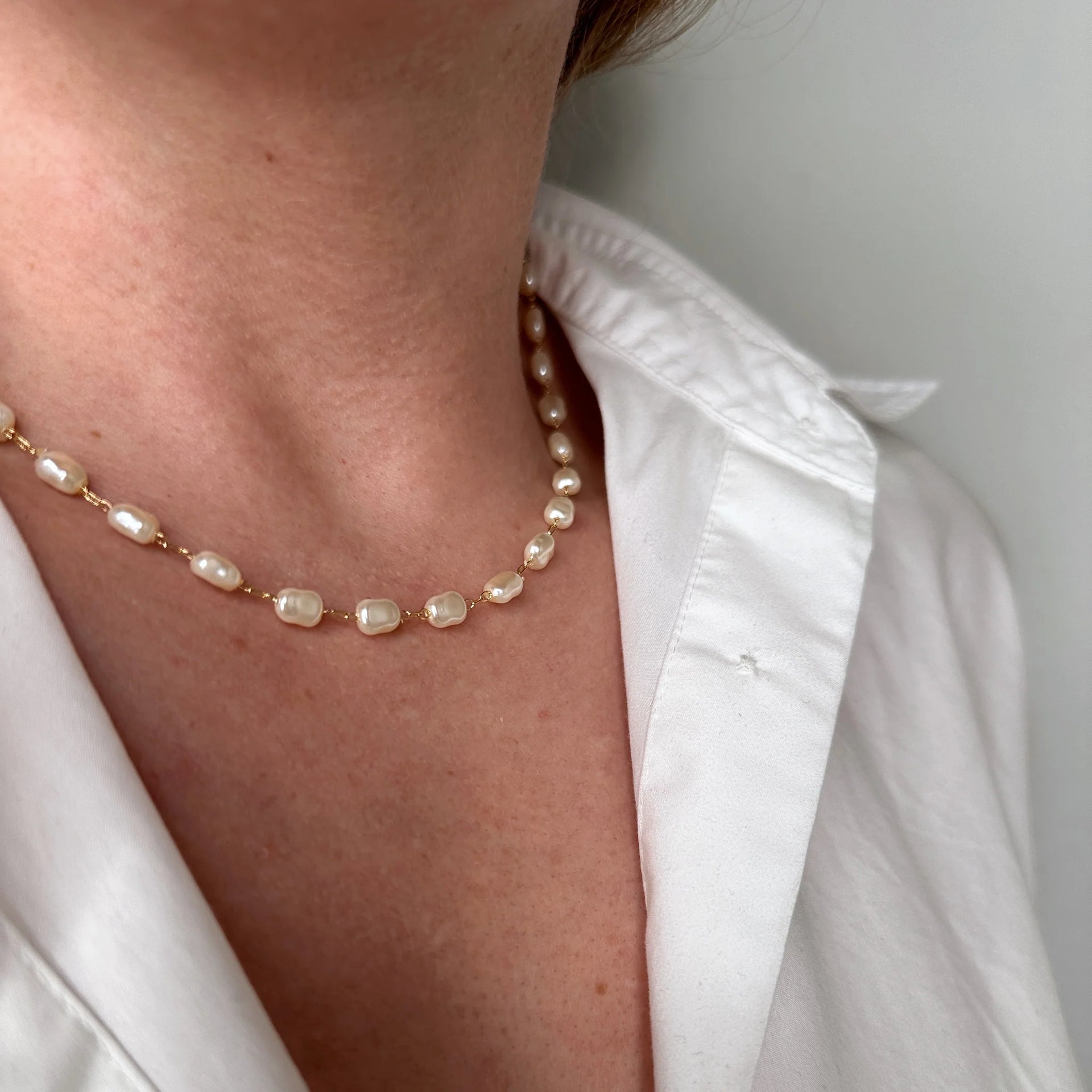 Model View 18k Gold Fill Baroque Pearl Necklace