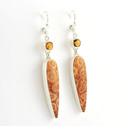 Side View Sterling Silver Fossil Coral with Square Citrine Dangle Earrings