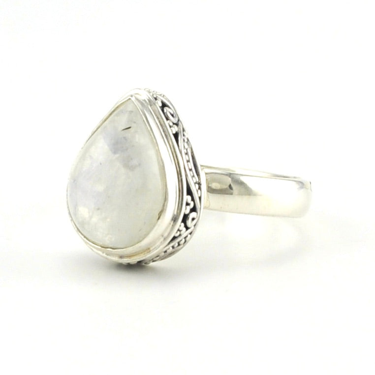 Sterling Silver Moonstone 9x12mm Tear Bali Ring