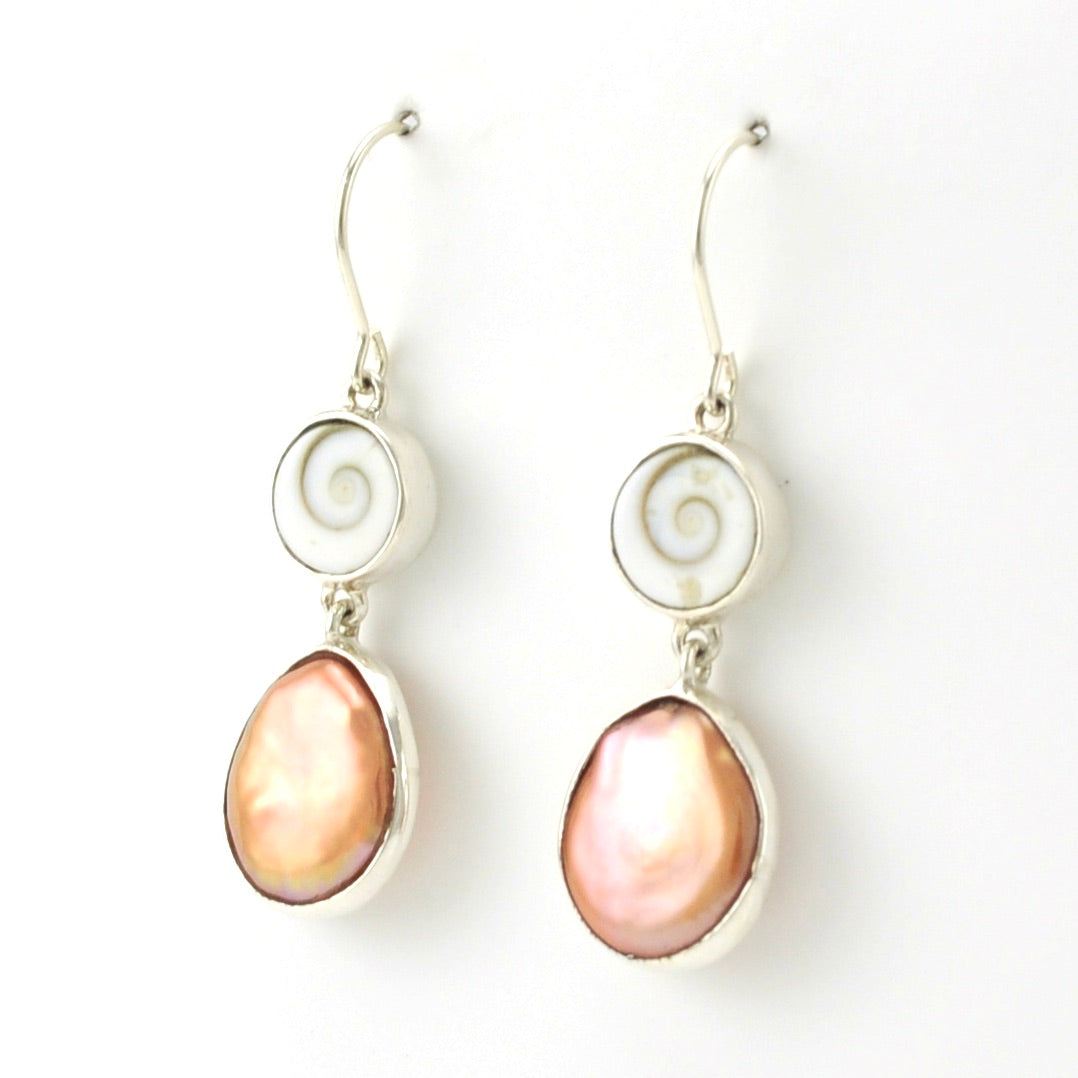 Side View Sterling Silver Shiva Shell Coin Pearl Dangle Earrings