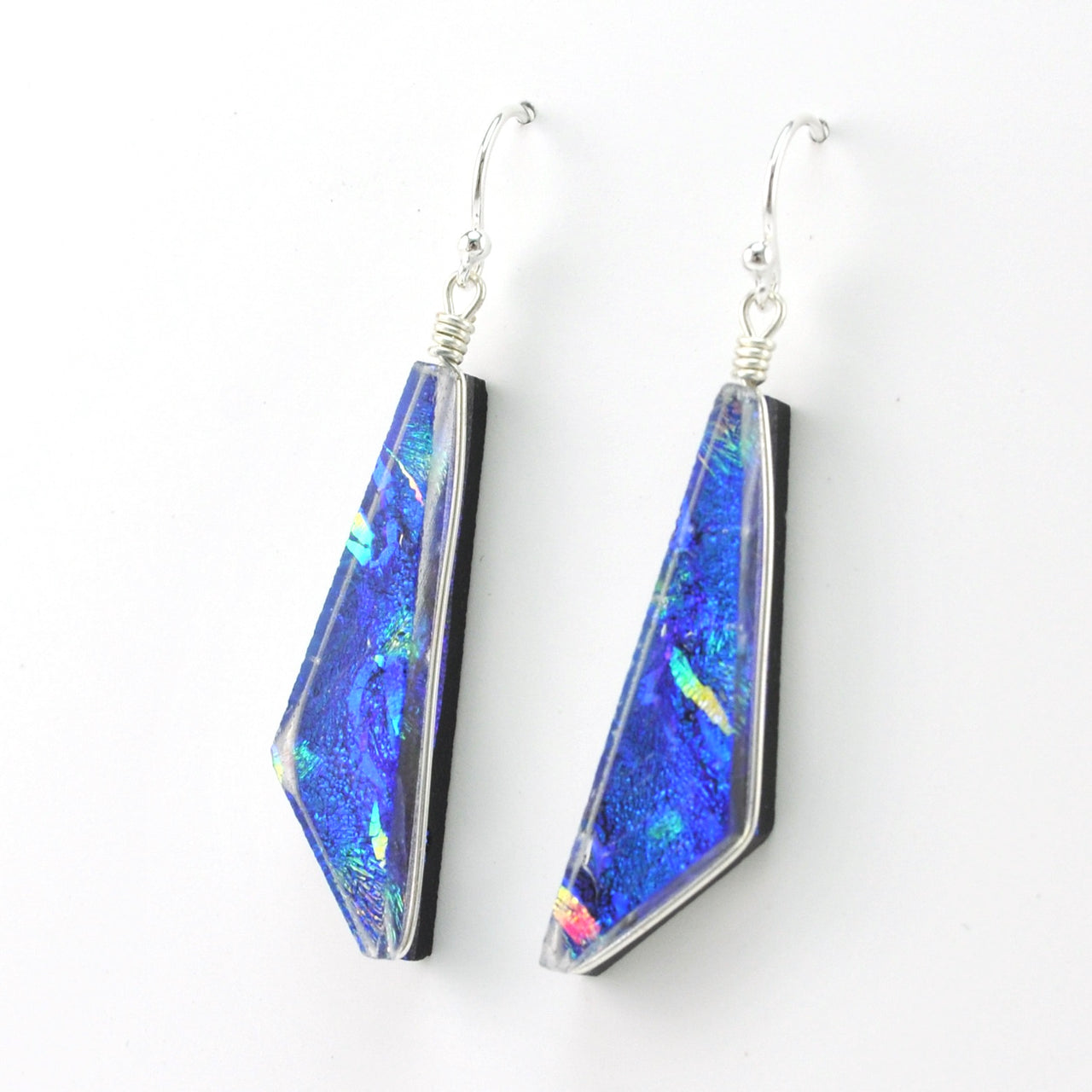 Side View Dichroic Glass Rainbow Blue Comet Dangle Earrings