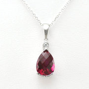 Front View Silver Created Ruby 4ct Tear with Cubic Zirconia Necklace