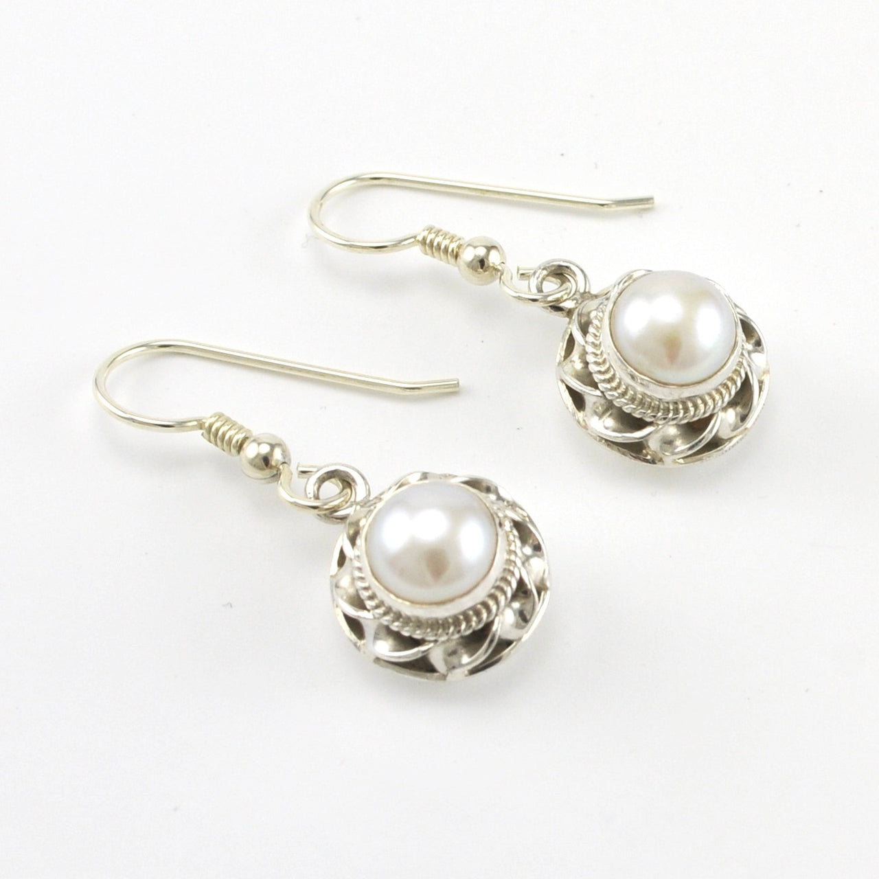 Sterling Silver Pearl 7mm Round Dangle Earrings