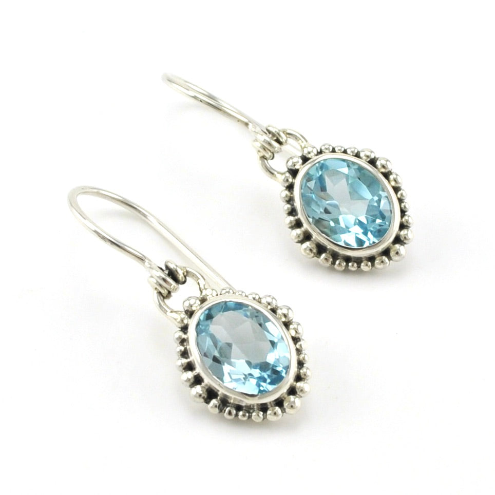 Sterling Silver Blue Topaz Oval Beaded Dangle Earrings