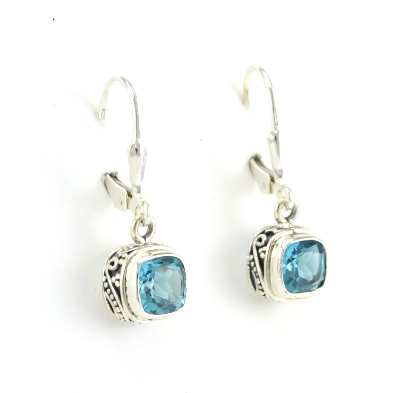 Side Veiw Sterling Silver Blue Topaz 6mm Square Bali Dangle Earrings