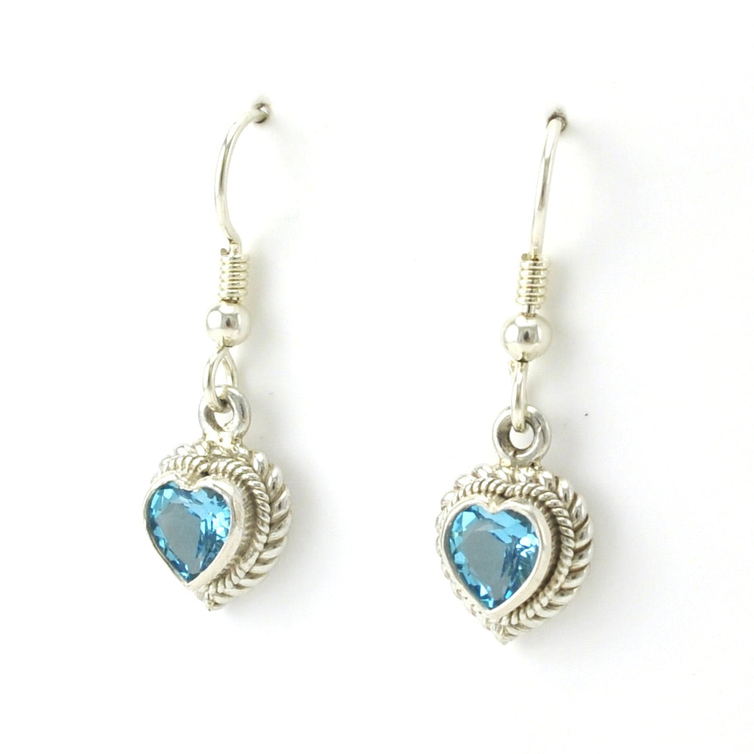 Side View Sterling Silver Blue Topaz 6mm Heart Dangle Earrings
