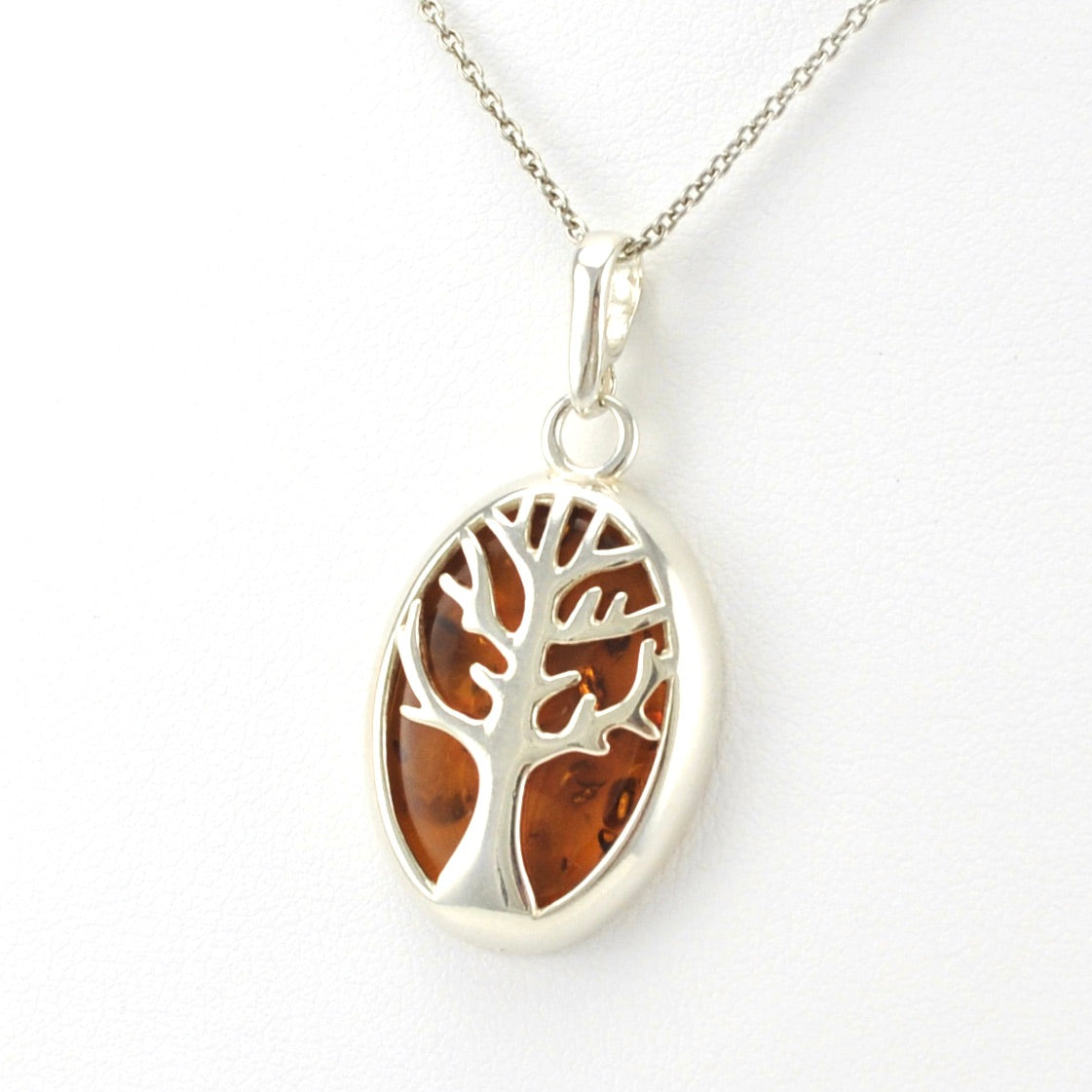 Side View Sterling Silver Amber Oval Tree Necklace