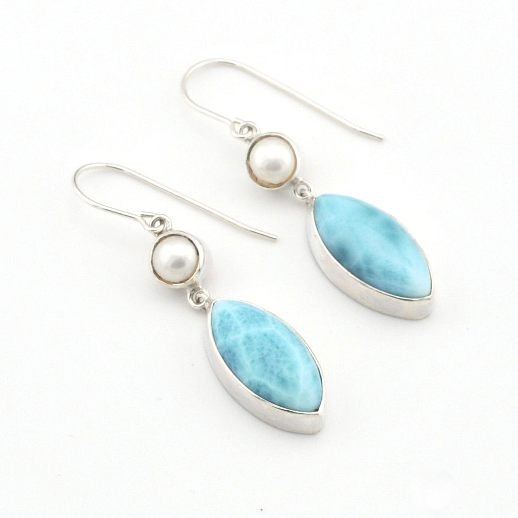 Sterling Silver Pearl Larimar Marquise Dangle Earrings
