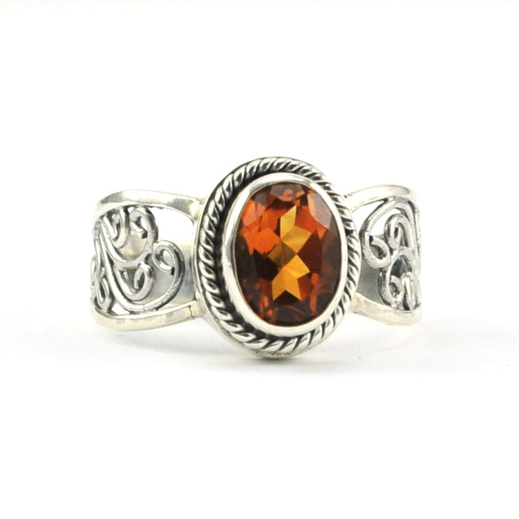 Sterling Silver Citrine 6x8mm Oval Scroll Ring