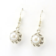 Side View Sterling Silver Pearl 7mm Round Dangle Earrings
