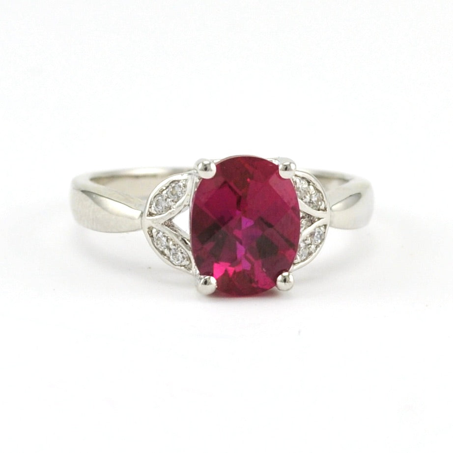 Sterling Silver Created Ruby 2.6ct Oval CZ Ring