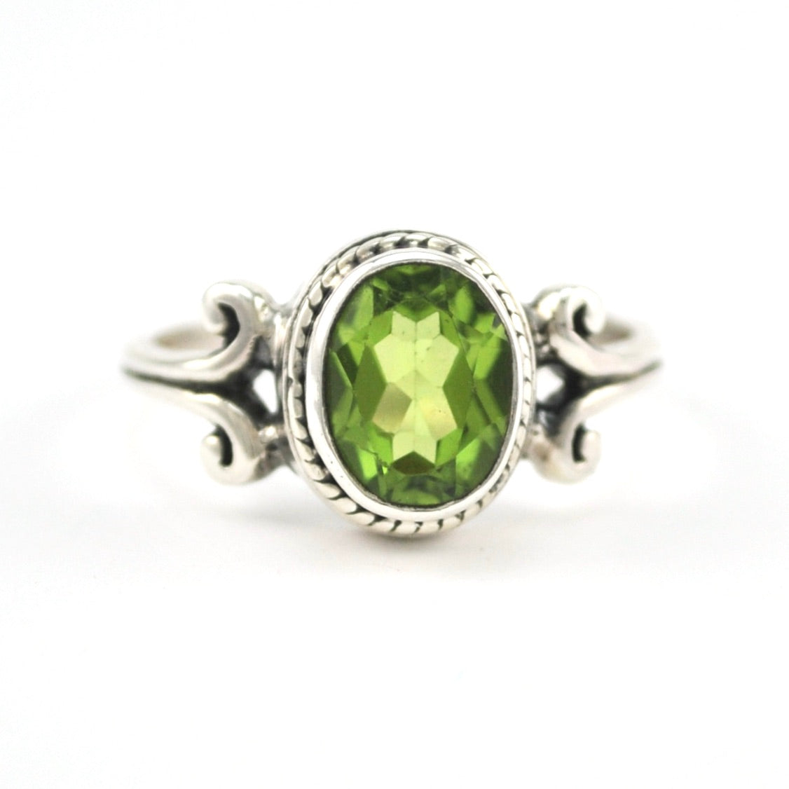 Silver Peridot 7x9mm Oval Scroll Ring