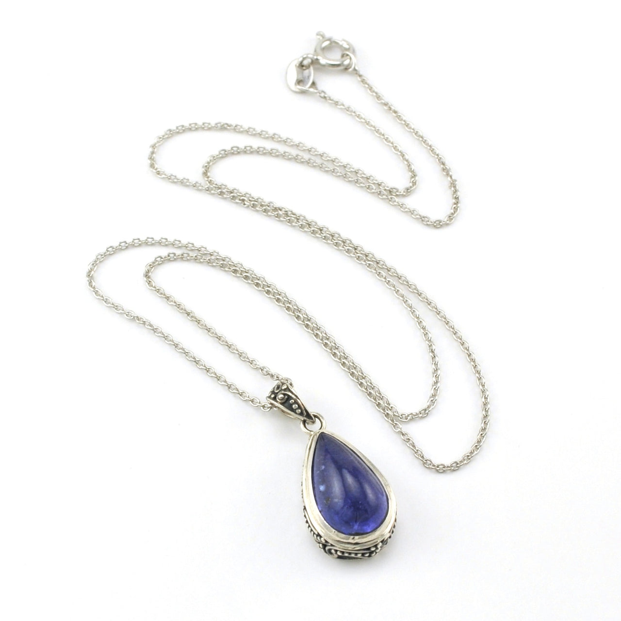 Sterling Silver Tanzanite 9x14mm Cabochon Tear Bali Necklace