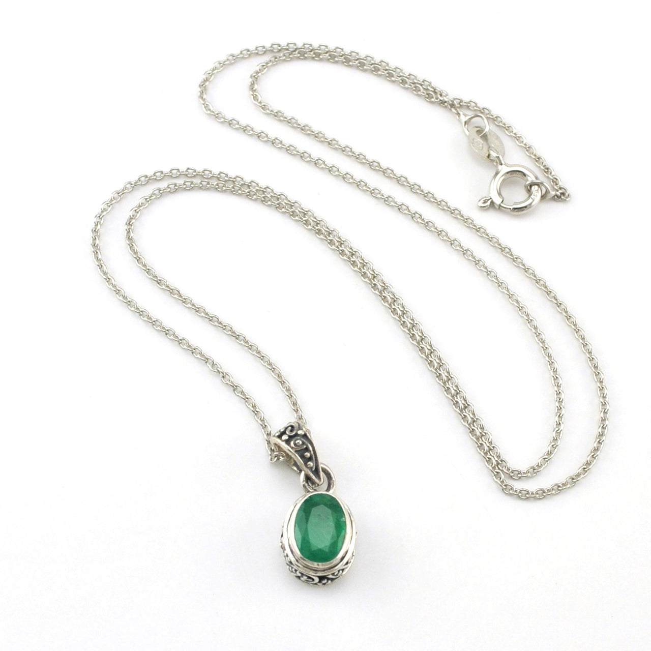 Sterling Silver Emerald 6x8mm Oval Bali Necklace