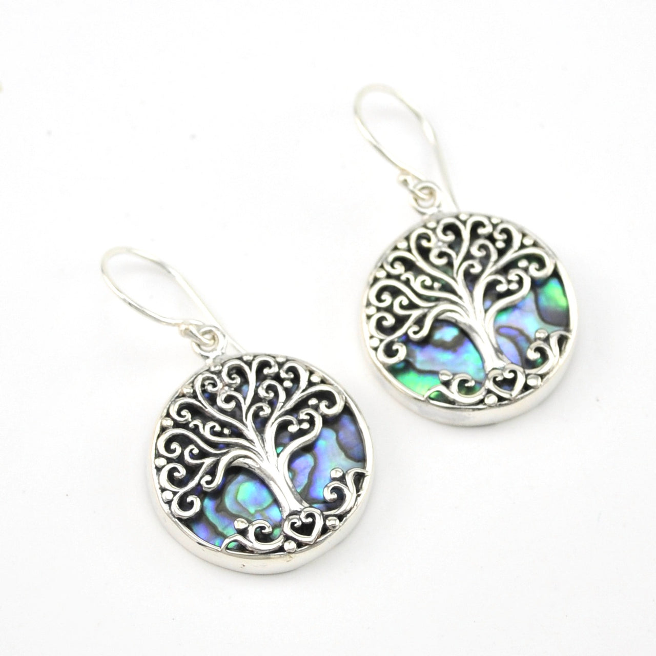 Silver Abalone Tree of Life Dangle Earrings