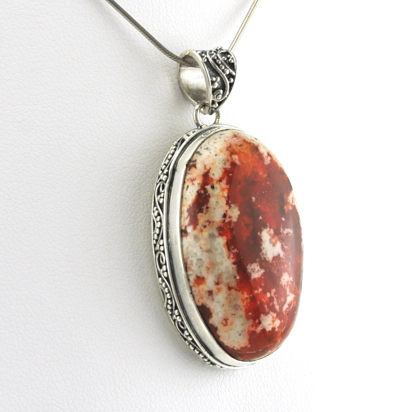 Side View Sterling Silver Mexican Fire Opal 21x32mm Oval Bali Pendant