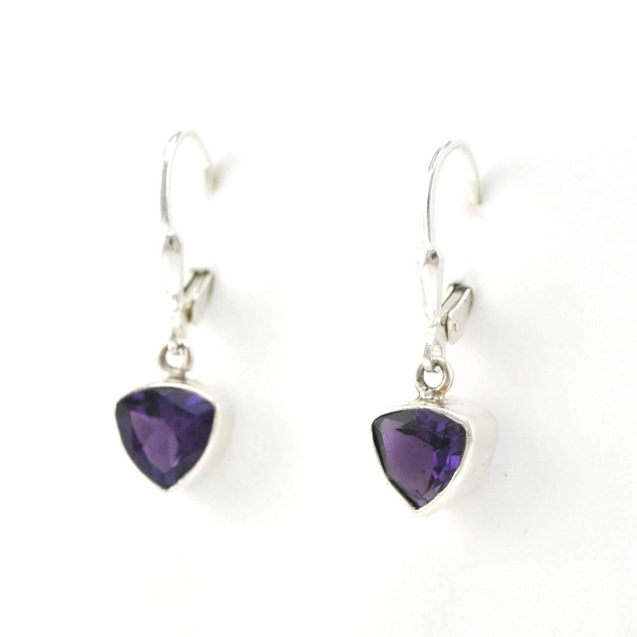 Side View Silver Amethyst 7mm Trillion Dangle Earrings