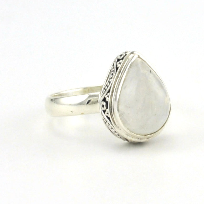Side View Sterling Silver Moonstone 9x12mm Tear Bali Ring