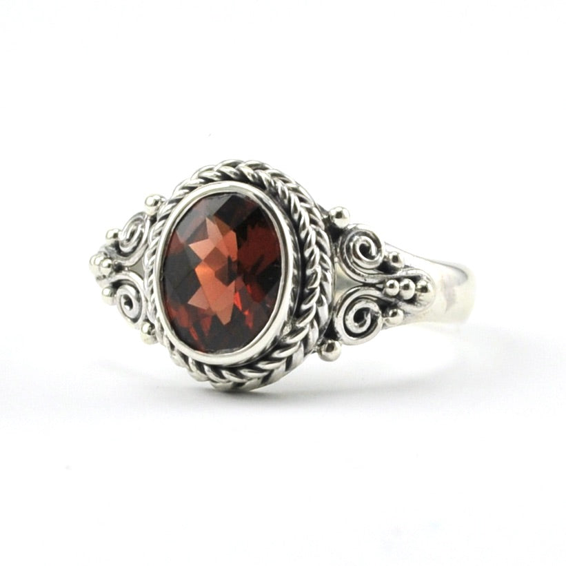 Sterling Silver Garnet 6x8mm Oval Bali Ring Size 7