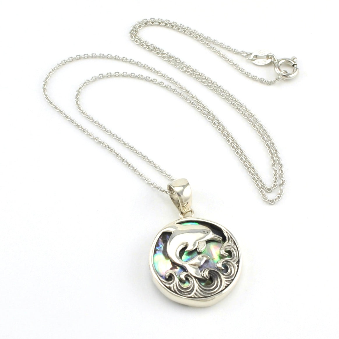 Sterling Silver Abalone Dolphin on Waves Necklace