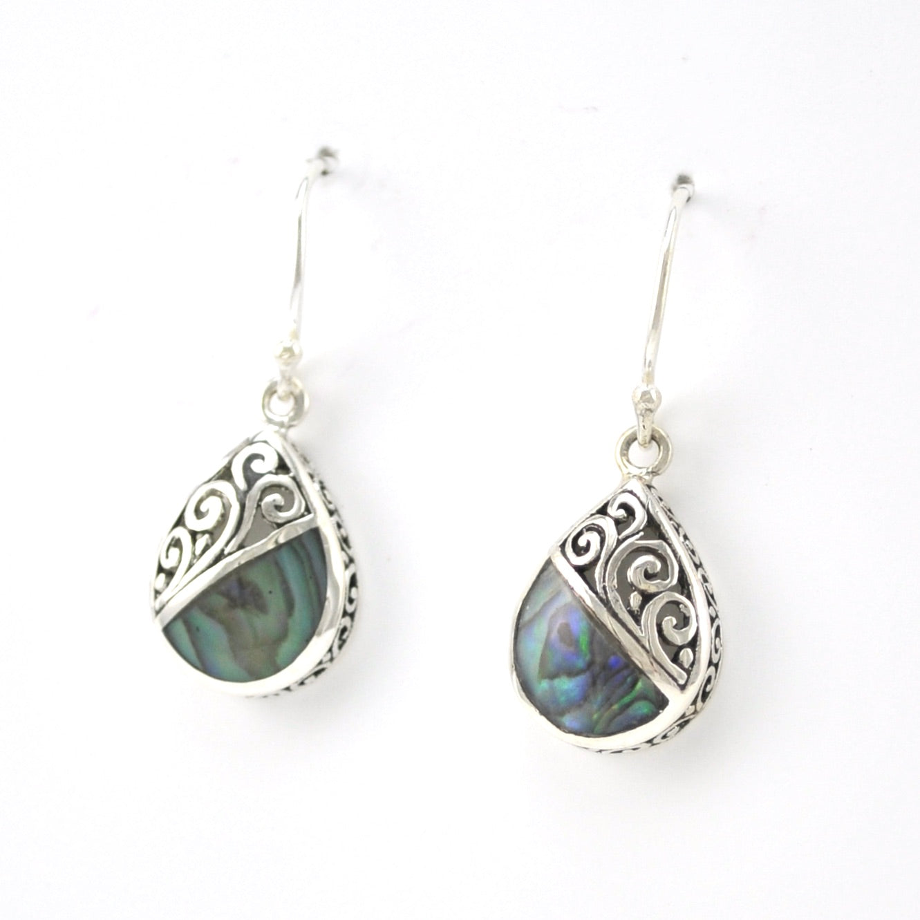 Side View Silver Abalone Tear Bali Earrings