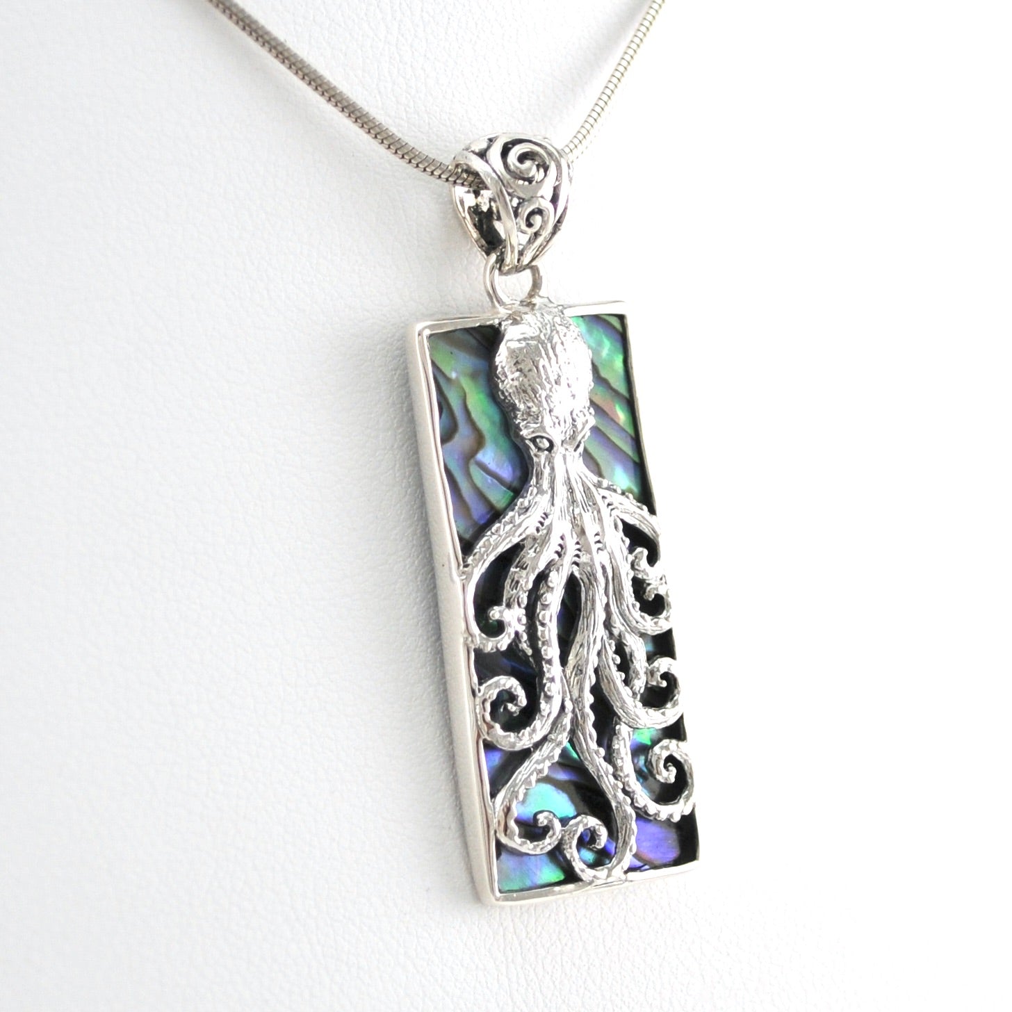 Side View Silver Abalone Octopus Rectangle Pendant