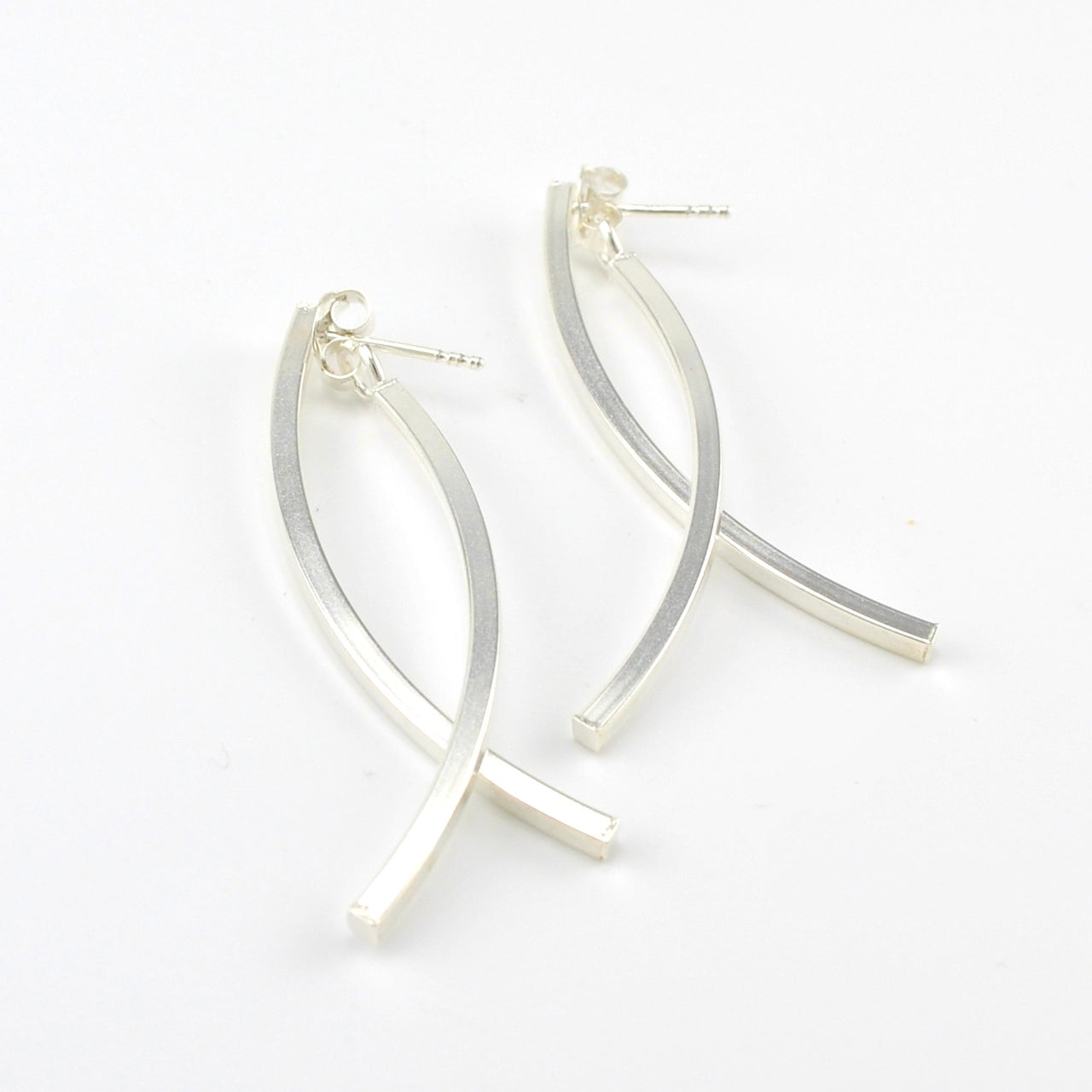 Side View Sterling Silver Matte Modern Bar Earrings