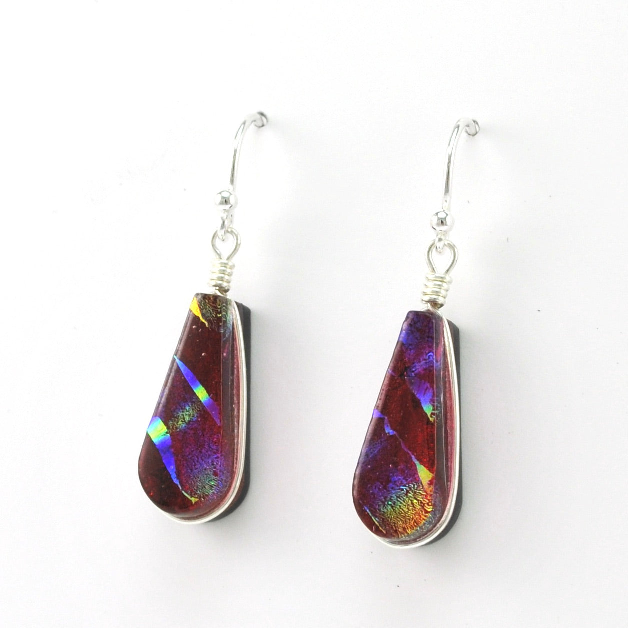 Side View Dichroic Glass Rainbow Red Tear Dangle Earrings