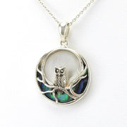 Side View Sterling Silver Owl in the Moon Light with Shell Necklace