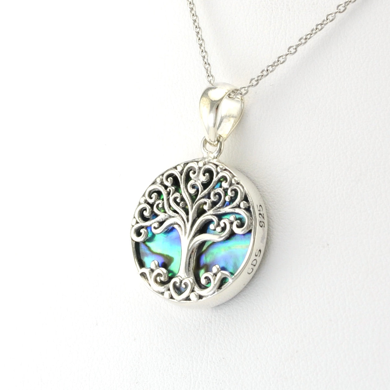 Side View Silver Abalone Tree of Life Necklace