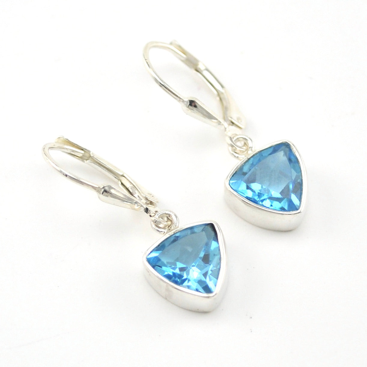 Silver Blue Topaz 7mm Trillion Dangle Earrings