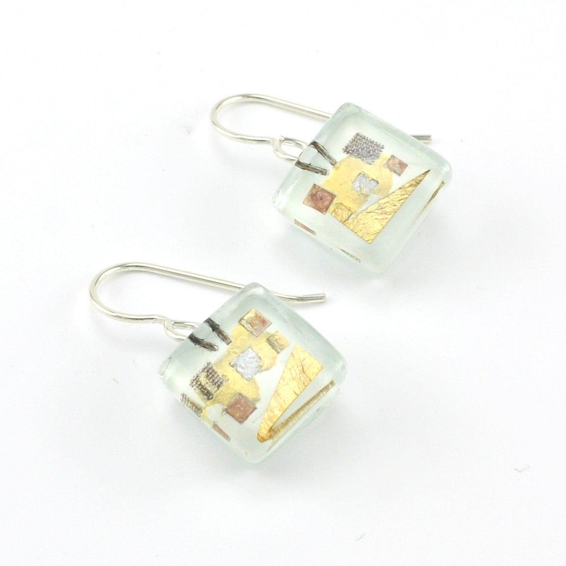 Glass White Golden Phase Cube Earrings