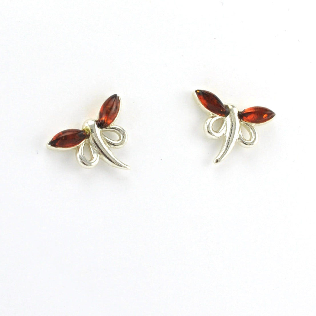 Side View Sterling Silver Amber Dragonfly Post Earrings