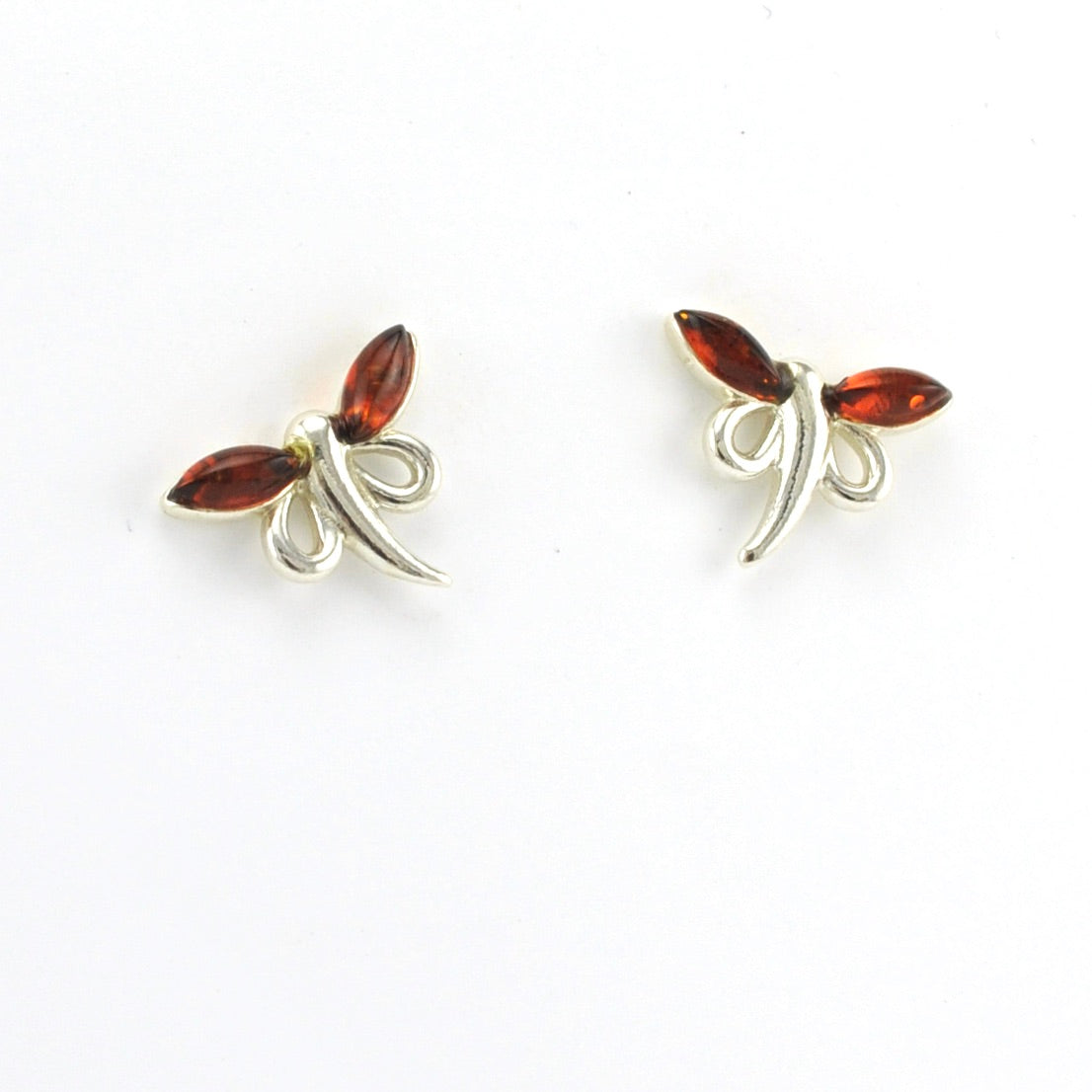Side View Sterling Silver Amber Dragonfly Post Earrings