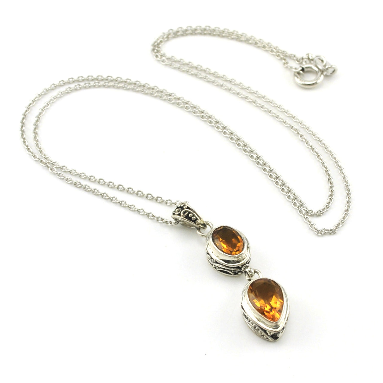 Sterling Silver Citrine Oval Pear Bali Necklace