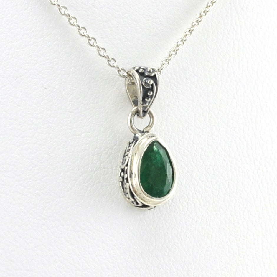 Alt View Sterling Silver Emerald 5x7mm Tear Bali Necklace