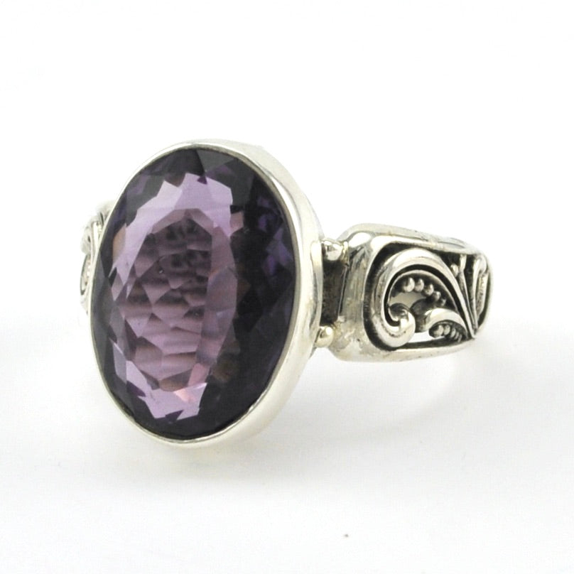 Sterling Silver Amethyst 10x14mm Oval Bali Ring