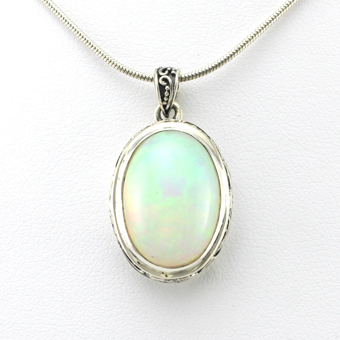 Front View Sterling Silver Ethiopian Opal 13x18mm Oval Bali Pendant